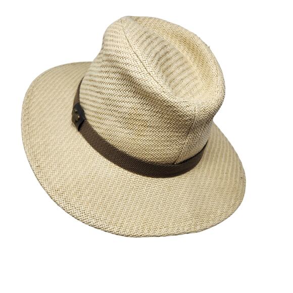 Disney Woven Fedora Panama Hat Adult Size Micky Mouse Metal Logo Brown Belt Trim - Picture 7 of 11